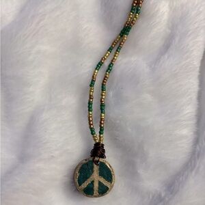 Handmade Wood Slice Painted Pendant Peace Sign Beaded Necklace Green Gold